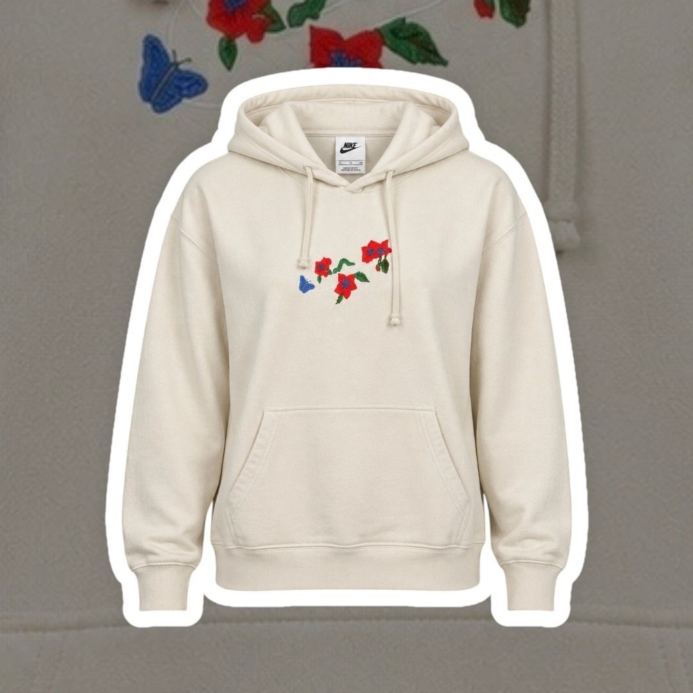 Nike Floral Twist Cream Hoodie XL Embroidered Swoosh Flower Butterfly Sweatshirt